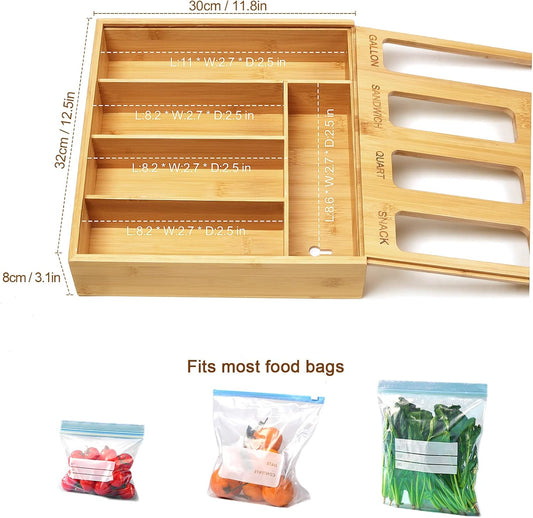 DUJEN Plastic Bag Organizer for Drawer, Bamboo Food Storage Bags Container Organizer with Slider, Baggie Bags Storage for Drawer Compatible with Gallon, Sandwich Variety Size Bags