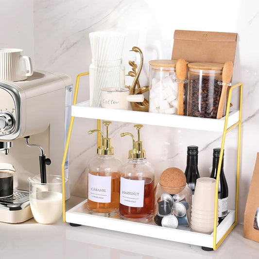 DWTS Coffee Bar Accessories,Coffee Station Organizer with Multi-Functional,CoffeeBar Decor for Accessories,2 Tier Wooden Shelf Gold Metal Station Organizer for Countertop,Syrup