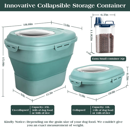 TIOVERY Dog Food Storage Container, Airtight Collapsible 13lb to 30lb Pet Food Container with Flip Top, Rolling Wheel, Scoop and 3L small container for Dog Cat Food and Dry Food of Rice, Flour