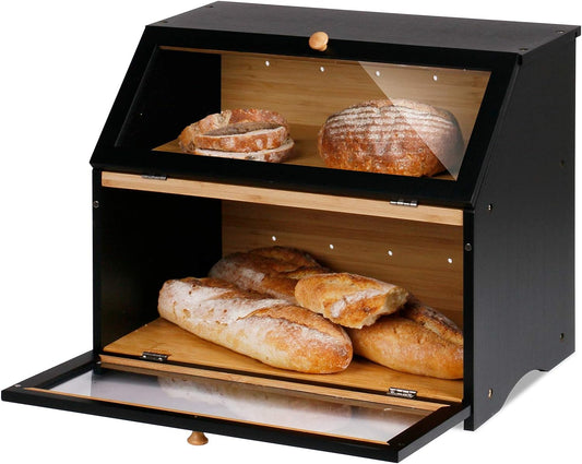HOMEKOKO Double Layer Large Bread Box for Kitchen Counter, Wooden Large Capacity Bread Storage Bin (Black)