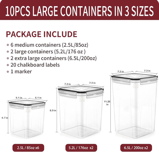 PRAKI Large Airtight Food Storage Containers with Lids, 10PCS Plastic Cereal Storage Containers, Kitchen & Pantry Organizers and Storage for Sugar, Flour, Baking Supplies with Lables & Mark