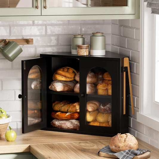 WOWLIVE Corner Bread Box for Kitchen Countertop, 2 Tier Bamboo Bread Storage Container for Homemade Bread with Clear Acrylic Door Panel, Large Bread Bin Farmhouse Breadbox Organizer (Black, Medium)