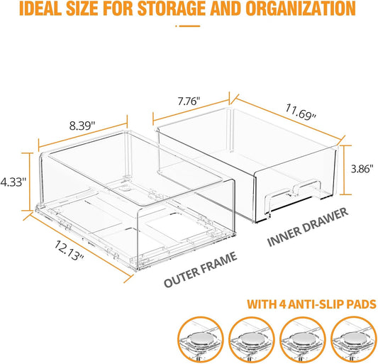 BOICHU 2 Pack Stackable Storage Drawers - Clear Refrigerator Drawers for Refrigerator Organizers and Storage, Acrylic Fridge Drawer Organizer with Handles for Bathroom, Undersink, Cabinet, Pantry, etc