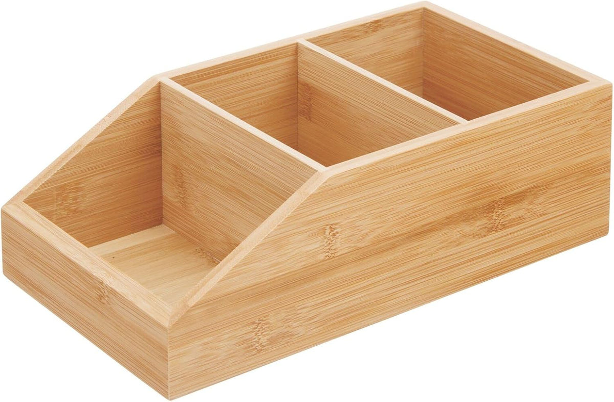 mDesign Bamboo Wood Food Storage Bin with Divided 3 Compartments and Sloped Front for Kitchen Cabinet, Pantry, Shelf to Organize Seasoning Packets, Powder Mixes, Spices, Snacks - Natural