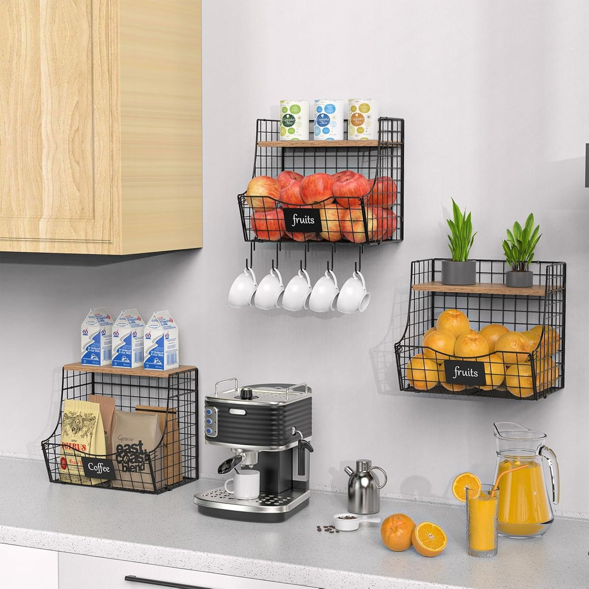 2 Set Stackable Wire Basket with Wooden Tops & Pad for kitchen organizers and storage, XXL Kitchen Counter Organizer for Fruit, Vegetable, Bread, Potato and Onion Storage Bin