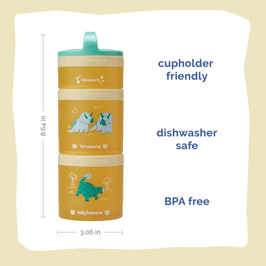 Whiskware Dinosaur Stackable Snack Containers for Kids and Toddlers, 3 Stackable Snack Cups for School and Travel, Green/Orange