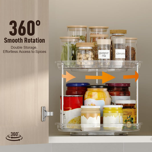 2 Tier Lazy Susan Organizer, 9'' Lazy Susan Turntable for Cabinet, Stackable Turntable Organizer Rotating Spice Rack Organization for Kitchen Countertop, Pantry, Bathroom, Clear