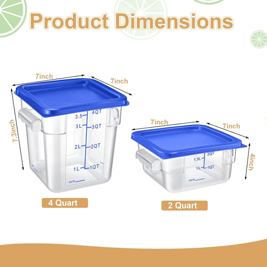 Barydat 4 Pcs Square Food Storage Containers with Lids Measurement Scales, 2qt & 4qt Clear Plastic Stackable Containers for Dough Proofing Baking Kitchen Restaurant and Pantry Organization(White)