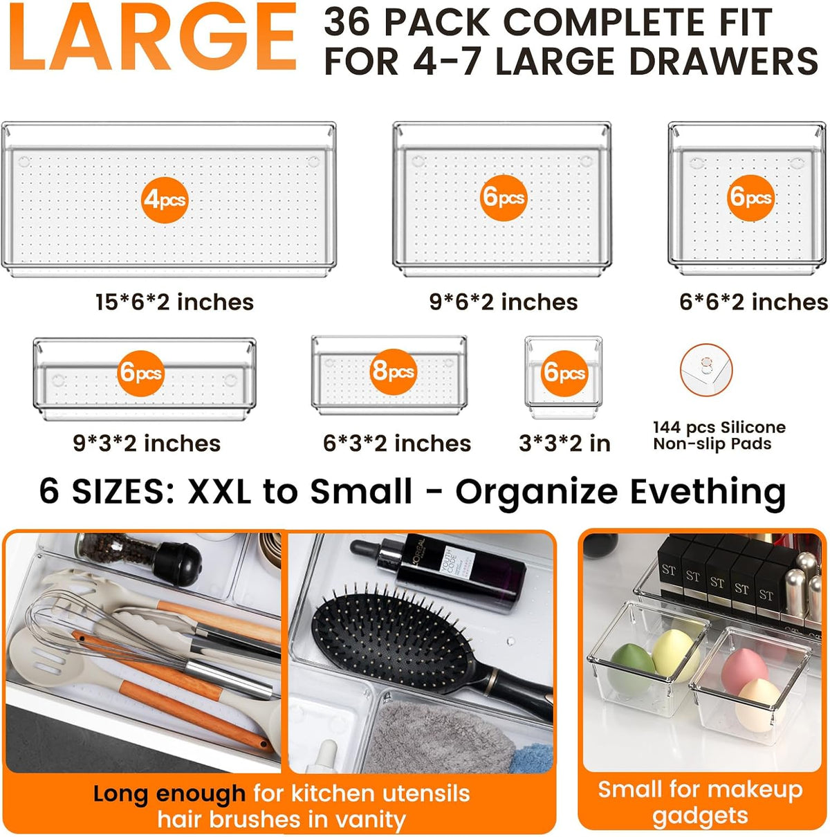 Criusia Large Drawer Organizer Bins | Complete 5 Size Clear Plastic Kitchen Drawer Organizers for Utensils | Bathroom Drawer Organizer Trays | Versatile for Makeup Office Organization