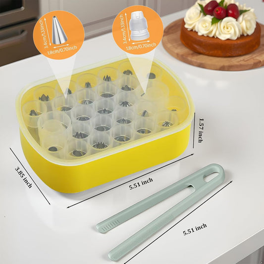 Cake Decorating Supplies Set - 27 Grids Storage Box with 25 Stainless Steel Piping Tips, 2 Adapters & Silicone Mini Tongs | Complete Baking Nozzle Organizer Kit
