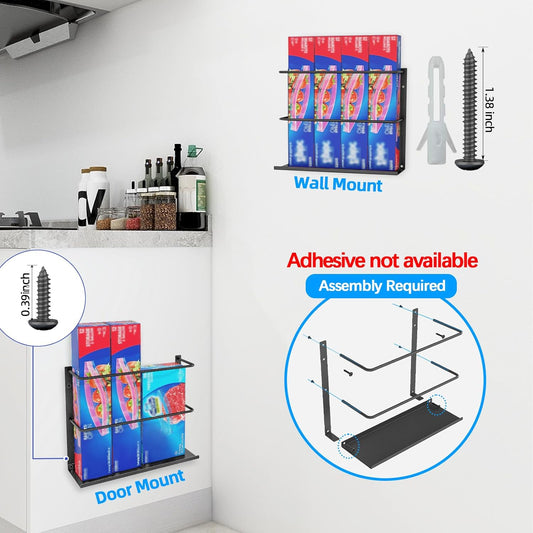 Gypie Kitchen Wrap Organizer Door Mount, Aluminum Foil Holder Cabinet Door Organizer Cabinet Storage Basket for Kitchen Wrap/Food Bag Storage, Black