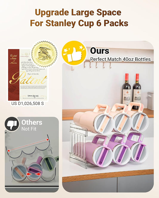 Gracenal Water Bottle Organizer for Stanley Cup Accessories, Cabinet Organizers and Storage for Meoky 40 oz Tumbler with Handle, Fridge Tumbler Organizer Kitchen Gadgets Gifts, 2Pack Large-6-bottle