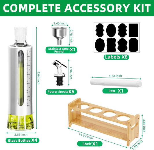 SINYWAY Oil Dispenser Bottle, 4 Pack Glass Olive Oil Dispenser Bottle with Shelf, 17oz/500 ml Oil and Vinegar Dispenser Set Wrapped in Stainless Steel Shell with Pourers, Funnel & Pen and Tags