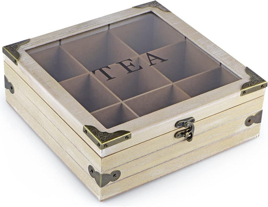 MOLIGOU Wood Tea Box Organizer, Tea Storage Chest with Glass Lid, 9 Compartments, Tea Bag Holder for Cabinet, Pantry