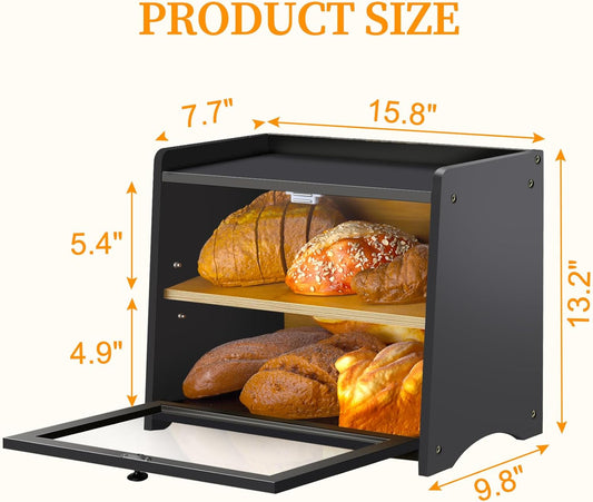 Bamboo Bread Box for Kitchen Countertop, Large Bread Storage Container Bin 2 Layer Breadbox Holder for Kitchen Counter, Cabinet, Pantry, Cupboard (Natural)