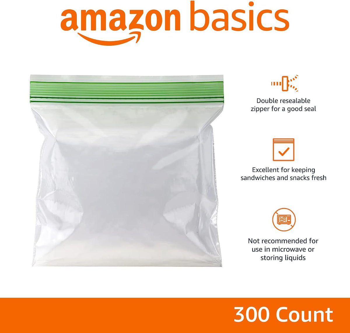 Amazon Basics Resealable Double Zipper Sandwich Storage Bags for Food Storage, (Previously Solimo)