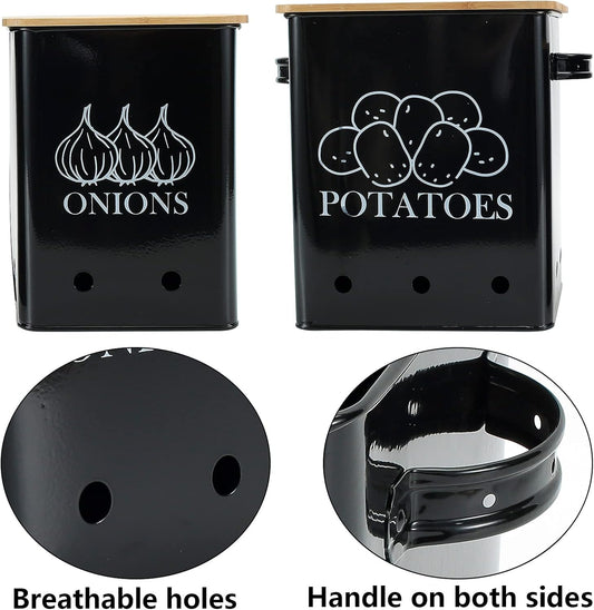 Kitchen Vegetable Storage Tins Set of 2, Onion and Potato Storage Bins with Wooden Lid and Aerating Holes, Garlic Bin Caddy, Vintage Kitchen Decor, Green