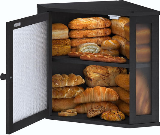 Corner Bread Box for Kitchen Countertop,Bread Storage for Homemade Bread, Double Layer Large Bamboo Kitchen Storage Bin with Window (White, Medium)