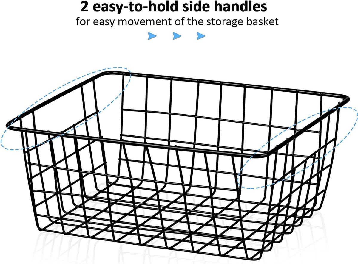 Metal Wire Baskets, Dveda 6 Pack 11.02" x 8.7" x 4.7" Durable Metal Storage Basket, Black Wire Basket with Handles for Cabinets, Pantry Storage, Bathroom, Shelf Organizing