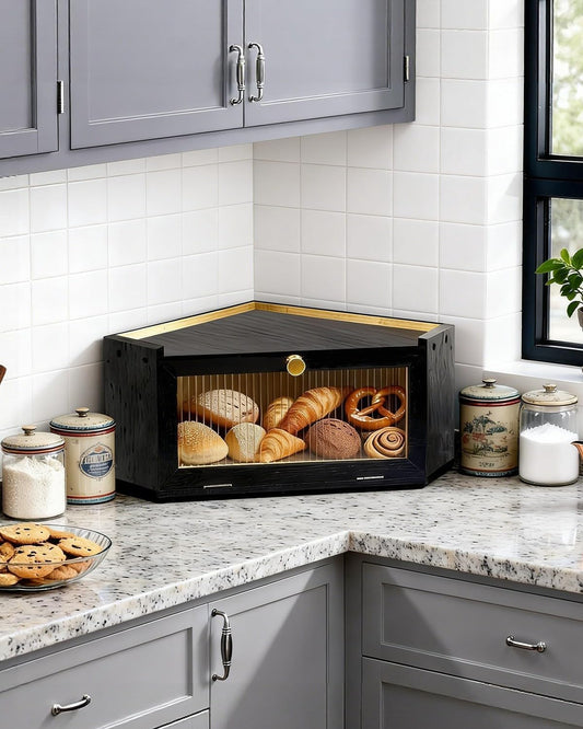 Corner Bread Box for Kitchen Countertop, Large Bamboo Bread Storage Container, Black Bread Storage Box with Reinforced Structure, Multi-functional Bread Keeper Box with Acrylic Door Panel, Black
