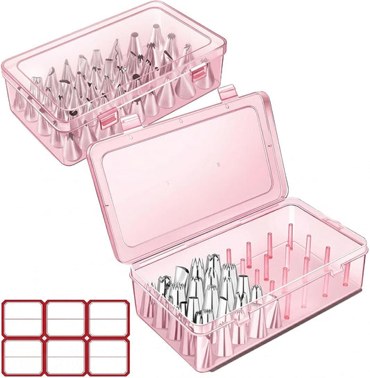 84-Tip Piping Tip Storage Box, 2-Piece Cake Decorating Tool Organizer with Locking Pin System, Includes Label Sheets (Transparent)