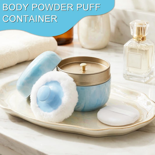 SHIMIDO Body Powder Puff and Container, 3.15" Portable Empty Body Powder Container for Baby Women's Loose Dusting Powder, Powder Case Box with Lids for Bath, Travel and Home Use (Old time)