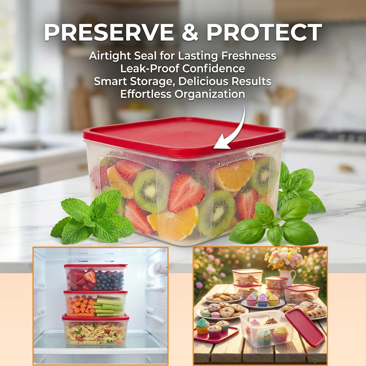 Cookie Storage Containers Airtight (2-Pack) – 3.7L Square Plastic Cookie Box, Freezer & Microwave Safe, Stackable Food Containers with Lids for Cookies, Baked Goods & Meal Prep