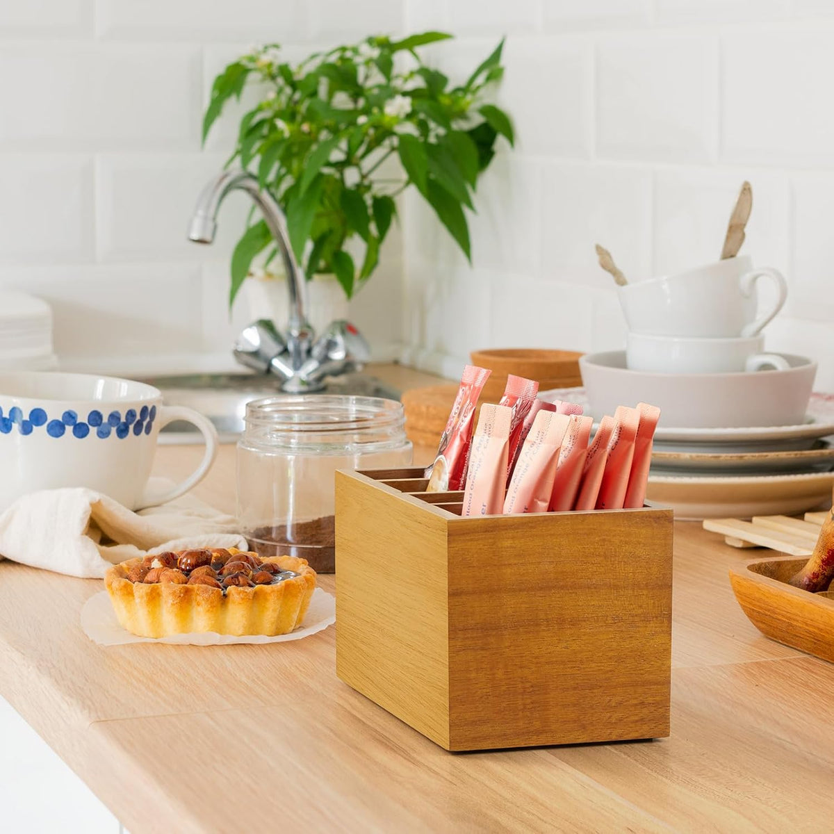 Drink Packet Organizer, Wood Water Flavor Packet Holder with Dividers, Drink Mix Organizer for Drink Station, Kitchen Pantry Organization
