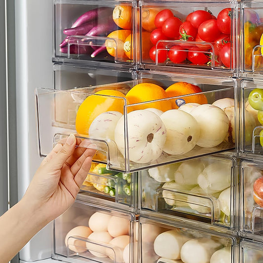 MANO 2Pack Clear Fridge Drawers Pull Out Stackable Refrigerator Drawer Organizer Bins Pantry Storage Box Plastic Food Containers for Kitchen Bathroom Office Closet (Large)