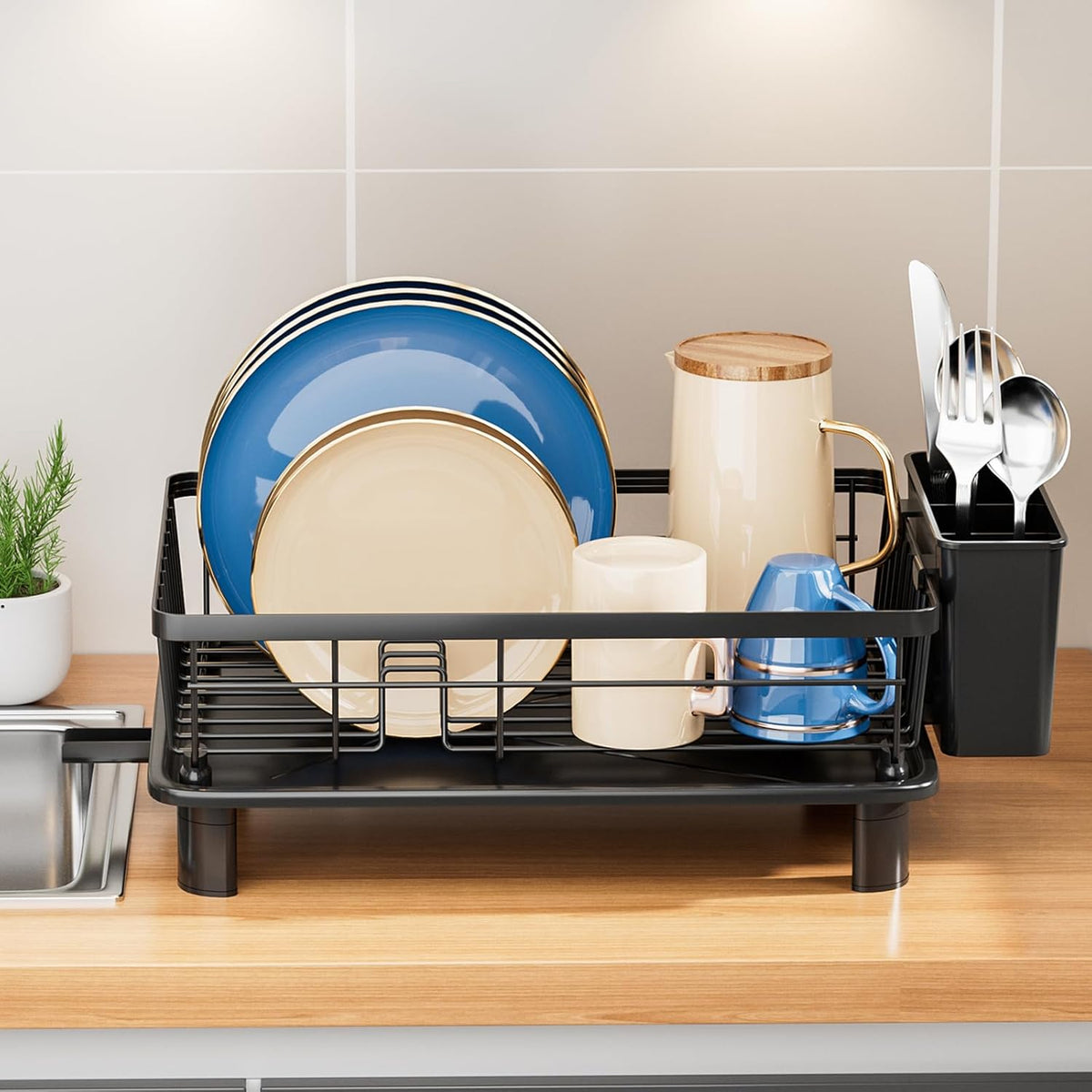 Dish Drying Rack, Stainless Steel Dish Racks for Kitchen Counter, Sink Organization and Storage Essentials, Kitchen Organizer for Forks, Spoons Dishes,Cup and Bottle (Black, 14.96''*11.02''*6.69'')
