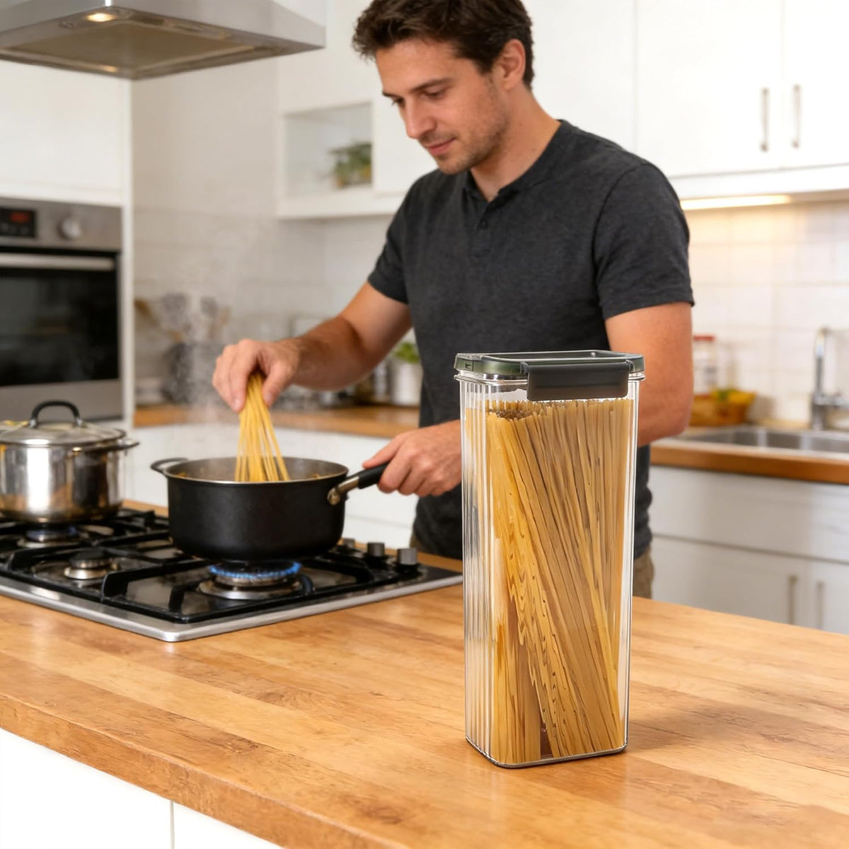 Spaghetti Pasta Storage Containers with Easy-Seal Lid 74oz Set of 3, Airtight Sqaure Food Storage Jar for Noodles, Flour, Oats, Cereal - Multi-Purpose Kitchen & Pantry Organization