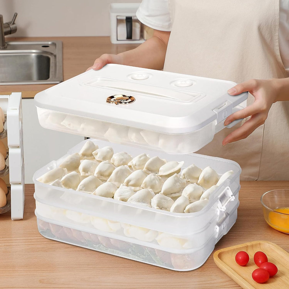 Food Storage Containers with Lids, Plastic Cookie Storage Containers Airtight, 4-Layer Stackable Food Containers Dumpling Storage Box, Blue