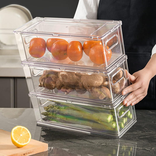 4Pack Stackable Refrigerator Organizer Bins Pull Out Drawer Large Vegetable Fruit Storage for Fridge Organizer Drawers with Handle Clear Food Storage Container Box for Kitchen Pantry Cabinet