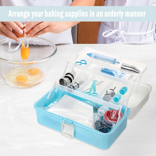 3-Tier Baking Supplies Storage Case Cake Plastic Decorating Tool Storage Box (Blue, 12.8" x 6.7" x 5.6")