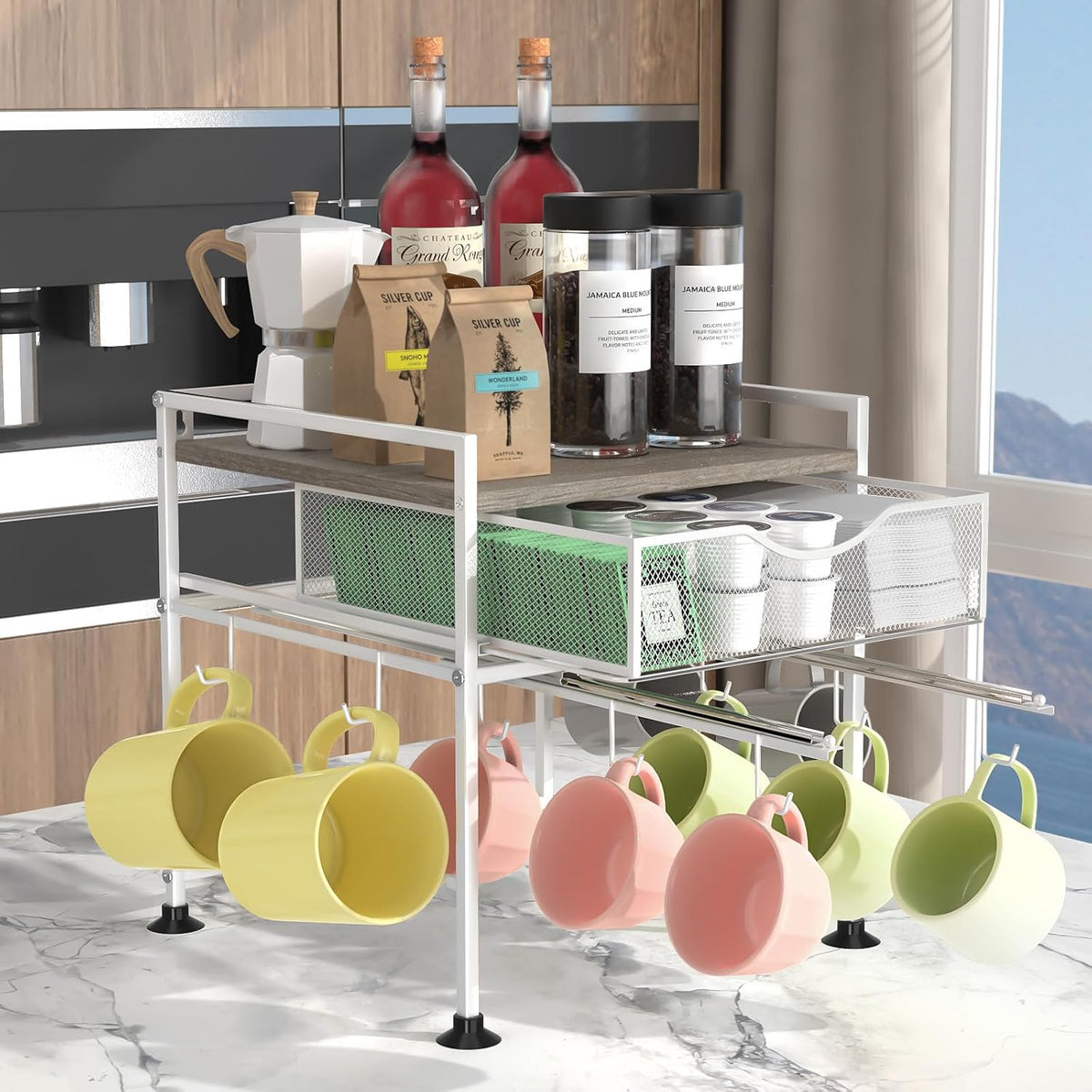 Coffee Bar Organizer Countertop, 2 Tier Mug Cup Holder Stand with 10 Hooks, 60 K Cup Coffee Pod Drawer with Mug Rack, Multifunctional Shelf Organizer for Kitchen, Grey