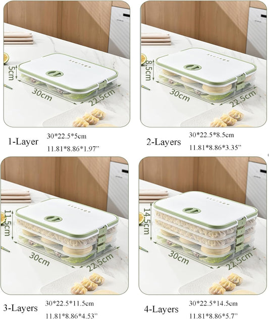 Dumplings Storage with 4 Layers, Stackable with Buckle, Lid & Handle for Cookies Wonton Donuts Box Organizer For Fridge, White-Green