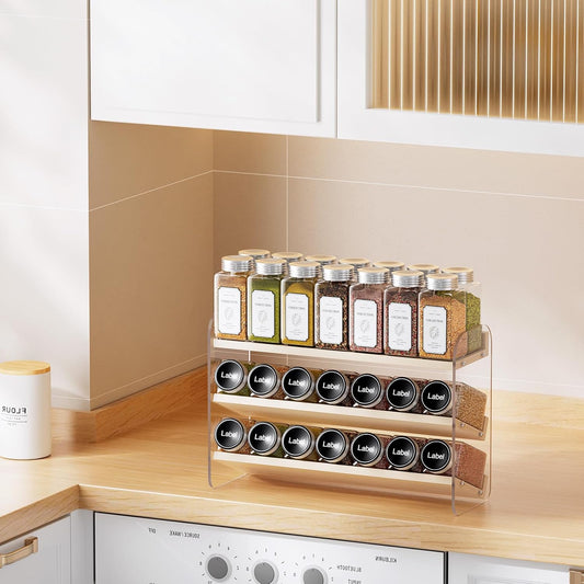 MUDEELA 4 Tier Spice Rack Organizer for Cabinet,Wooden Vertical Spice Shelf, Seasoning Organizer for Countertop, Kitchen, Pantry, Freestanding, 13.4" W × 11.2" H (No Jars Included), White