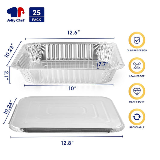 JOLLY CHEF 9x13 Aluminum Pans with Lids - Disposable Foil Food Containers with Lids for Cooking, Heating, Storing, Prepping Food- Thanksgiving, Christmas, Parties