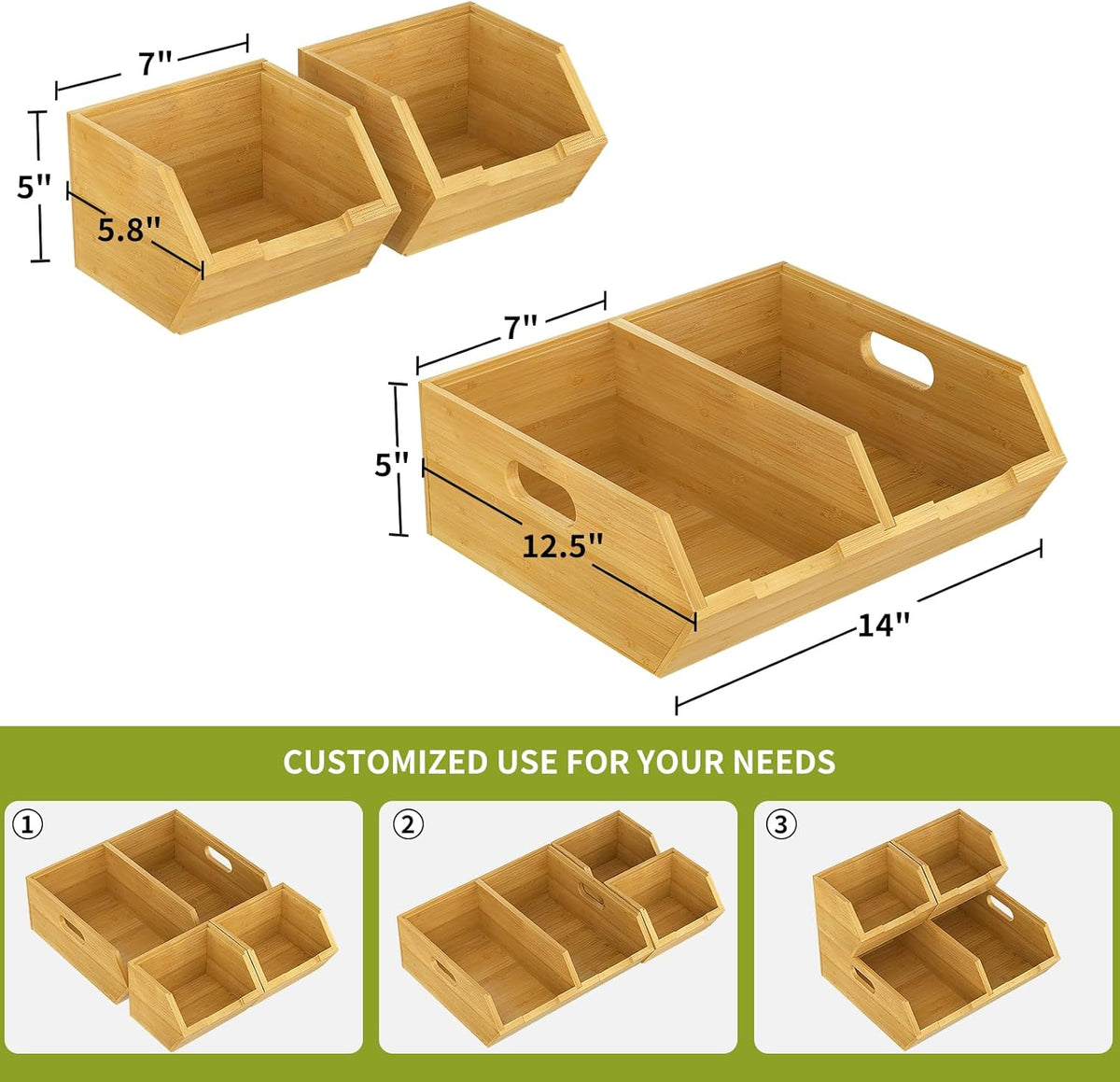 Bamboo Pantry Storage Bins, Stackable Potato and Onion Storage Bin for Kitchen Countertop, Wood Pantry Organizer Baskets for Fruit Vegetable Snack