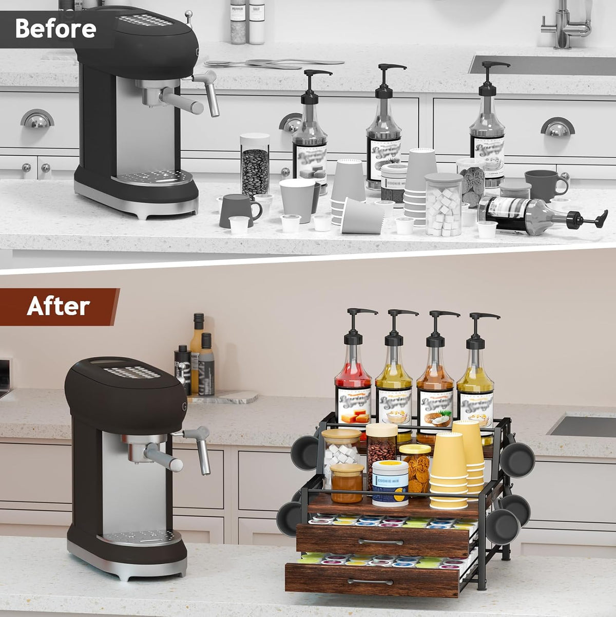 Homsorout Coffee Syrup Rack Organizer - 4-Tier 8 Syrup Wine Bottles Stand with 82 Storage Drawer for K Cups, Coffee Pod Holder for Countertop, Bar Station, Kitchen, Rustic Brown