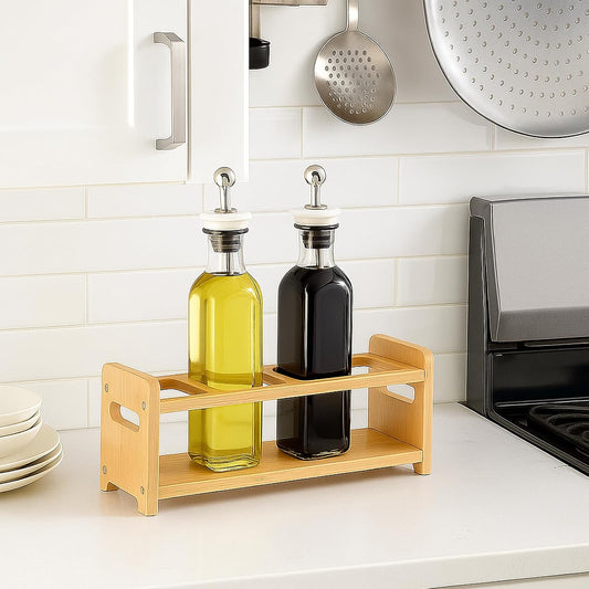 Tissting 4 Hole Solid Wood Spice Rack Oil Bottle Holder | 6cm Square Hole Anti-Slip Multifunctional Countertop Organizer for Olive Oil, Coffee Syrup, Kitchen Seasoning Storage