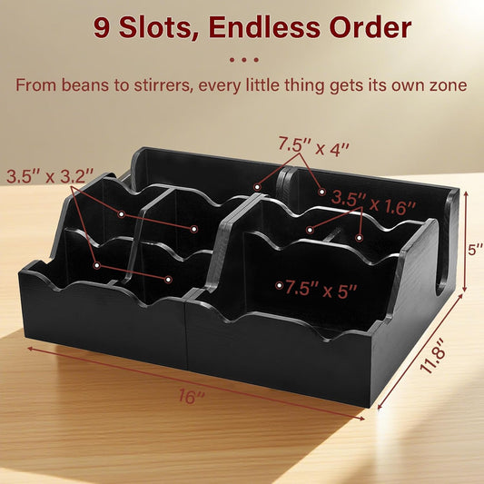 WRINGKIT Set of 2 Black Coffee Station Organizer for Countertop, Wood Cup Condiment Station with 9 Compartment, Coffee Bar Organizer Caddy Holder for Pods Syrup Stirrers Teabags Storage, Two-in-One