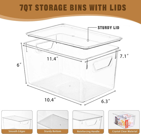 Clear Storage Bins with Lids, 7 Quart Stackable Storage Boxes for Storage and Organization, Plastic Storage Containers with Lids, Plastic Bins with Handles for Office, Bedroom, Study Room