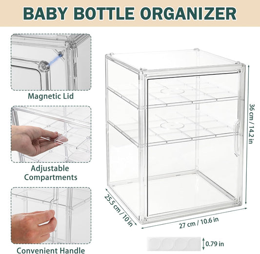 Baby Bottle Organizer, 3-Tier Bottle Storage for Countertop with Double Magnetic Doors, Clear Plastic Bottle Station Organizer Mom Gifts with 2 Dividers for Kitchen, Bathroom, Cabinet, Vanity