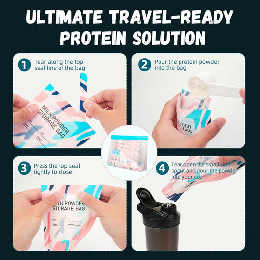 Disposable Protein Powder Travel Containers – 60Pcs Single-Use Protein Powder Bags, Leakproof Mess-Free Supplement Storage with Pouch & Scoop for Gym, Travel, Work, Flight & On-the-Go Lifestyles