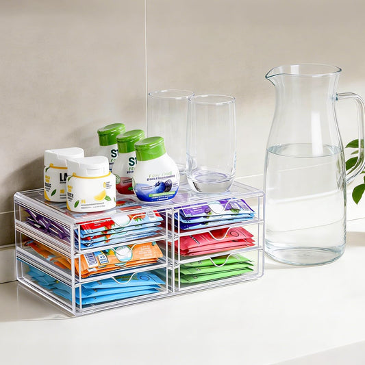 AIEVE Drink Packet Organizer, Stackable Storage Drawers for Tea Bag Organizer, Water Packet Holder with 6 Drawers Acrylic Bins for Kitchen Cabinets Pantry Office Organization