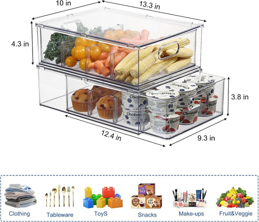 Fridge Drawer Pull Out Stackable Bins, Clear Refrigerator Stackable Organizers, Fridge Organizer Storage for Kitchen, Pantry, Vegetables, Fruits (2 Small + 1 Large)