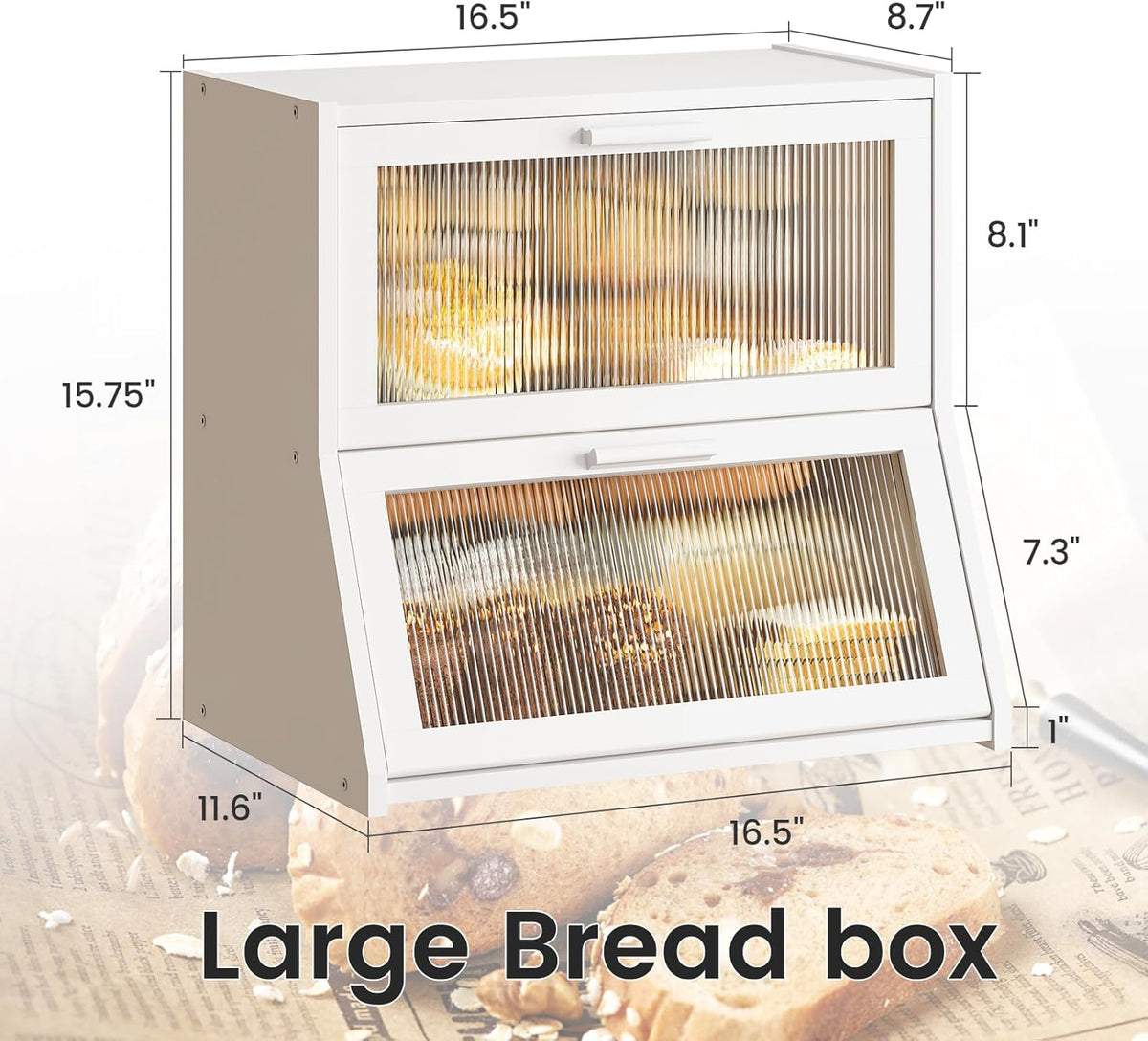 GHWIE Double Layer Bamboo Bread Box for Kitchen Counter,Large Capacity Bread Storage Bin,Bread Container with Acrylic Wavy Door Panel (Natural, Medium)