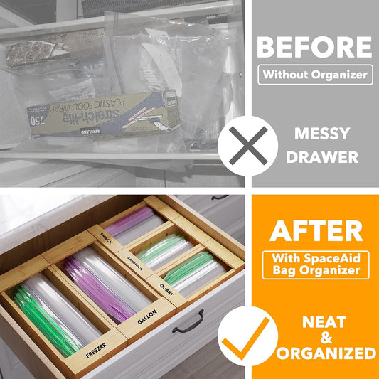 SpaceAid Bag Storage Organizer for Kitchen Drawer, Bamboo Organizer, Compatible with Gallon, Quart, Sandwich and Snack Variety Size Bag (5 Pack Set)