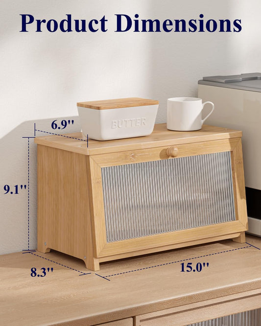 Kitsure Bread Box - Wooden Bread Box for Kitchen Countertop, Large Capacity Kitchen Countertop Organizer, Stylish Bread Storage with Window, Multi-functional Container, Black, 1-Tier